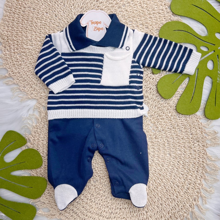 Macacão Beth Bebê de malha com tricot com Bolsinho - Marinho e Branco